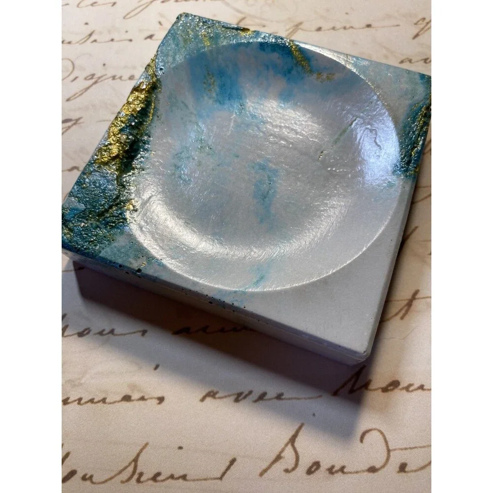 Handmade Soap Dish Cement Soap Holder Square Bathroom Kitchen Teal With Gold